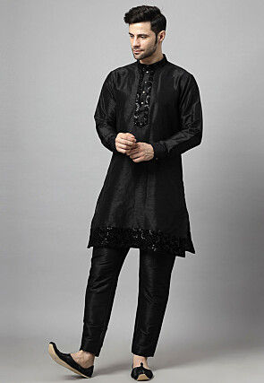 Embroidered Art Silk Kurta Set in Black