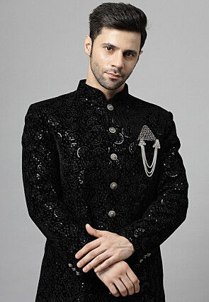 Embroidered Art Silk Kurta Set in Black