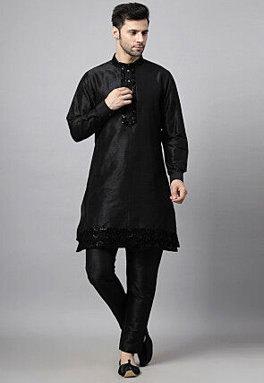 Embroidered Art Silk Kurta Set in Black