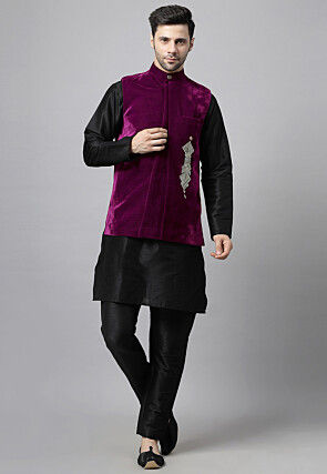 Embroidered Art Silk Kurta Set in Black