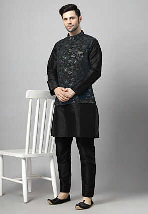 Embroidered Art Silk Kurta Set in Black