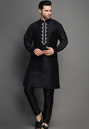 Embroidered Art Silk Kurta Set in Black