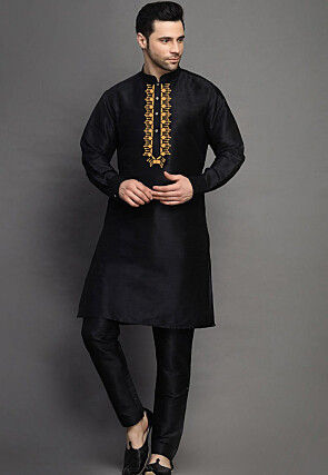 Embroidered Art Silk Kurta Set in Black