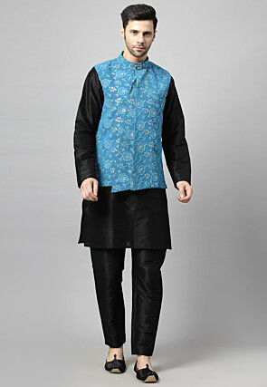 Embroidered Art Silk Kurta Set in Black