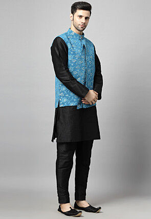 Embroidered Art Silk Kurta Set in Black