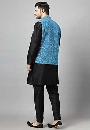 Embroidered Art Silk Kurta Set in Black