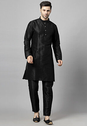Embroidered Art Silk Kurta Set in Black