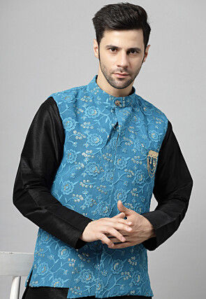Embroidered Art Silk Kurta Set in Black