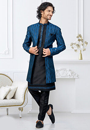 Embroidered Art Silk Kurta Set in Blue and Black