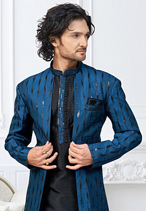 Embroidered Art Silk Kurta Set in Blue and Black