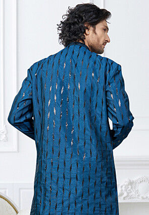 Embroidered Art Silk Kurta Set in Blue and Black
