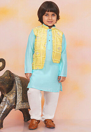 Embroidered Art Silk Kurta Set in Blue and Yellow
