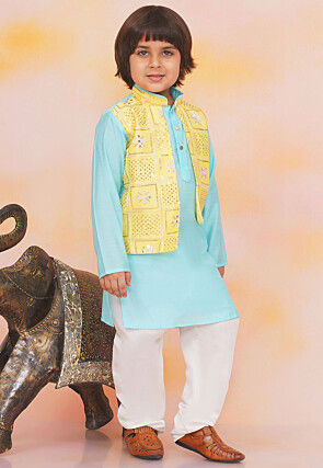 Embroidered Art Silk Kurta Set in Blue and Yellow