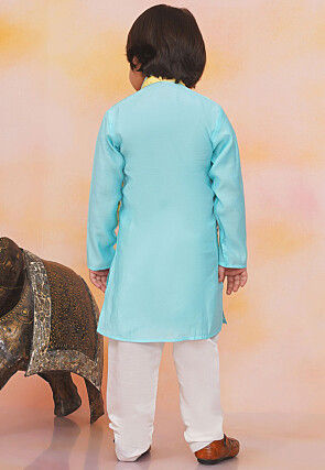 Embroidered Art Silk Kurta Set in Blue and Yellow