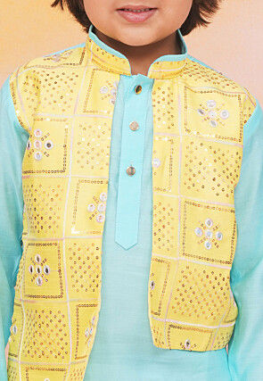 Embroidered Art Silk Kurta Set in Blue and Yellow