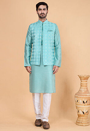 Embroidered Art Silk Kurta Set in Blue
