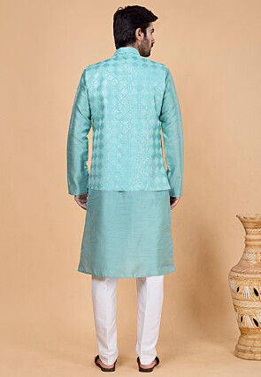 Embroidered Art Silk Kurta Set in Blue