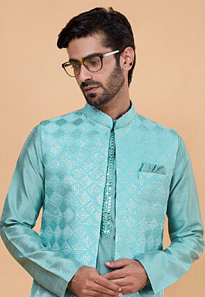 Embroidered Art Silk Kurta Set in Blue
