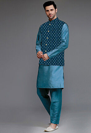 Embroidered Art Silk Kurta Set in Blue