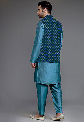 Embroidered Art Silk Kurta Set in Blue