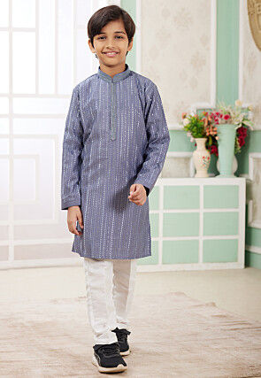 Embroidered Art Silk Kurta Set in Blue