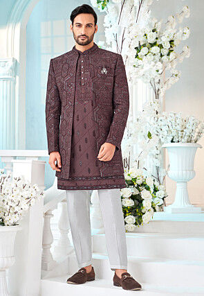 Embroidered Art Silk Kurta Set in Brown
