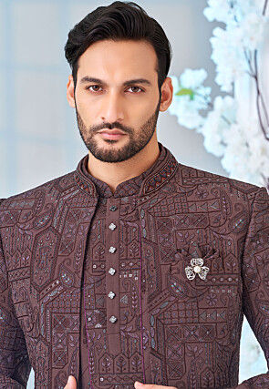 Embroidered Art Silk Kurta Set in Brown