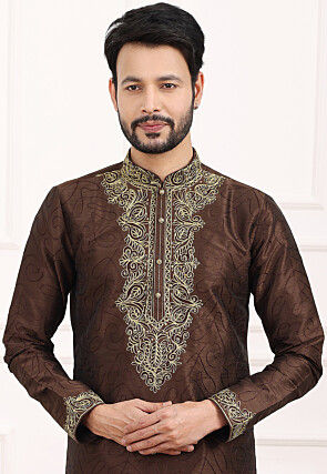 Embroidered Art Silk Kurta Set in Brown