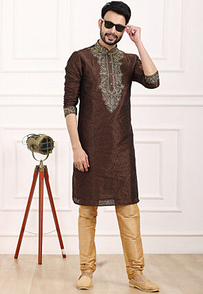 Embroidered Art Silk Kurta Set in Brown