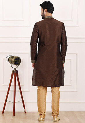 Embroidered Art Silk Kurta Set in Brown