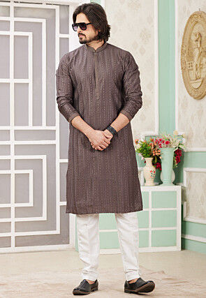 Embroidered Art Silk Kurta Set in Brown
