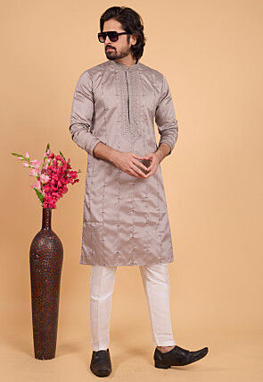 Embroidered Art Silk Kurta Set in Brown
