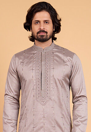 Embroidered Art Silk Kurta Set in Brown