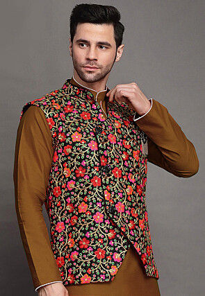 Embroidered Art Silk Kurta Set in Brown