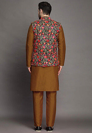 Embroidered Art Silk Kurta Set in Brown