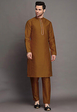 Embroidered Art Silk Kurta Set in Brown