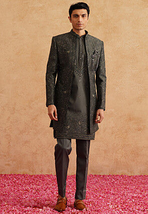 Embroidered Art Silk Kurta Set in Charcoal Black