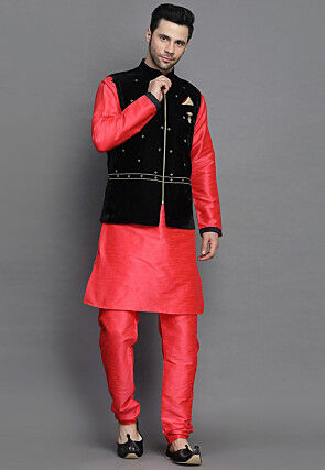 Embroidered Art Silk Kurta Jacket Set in Coral Red and Black