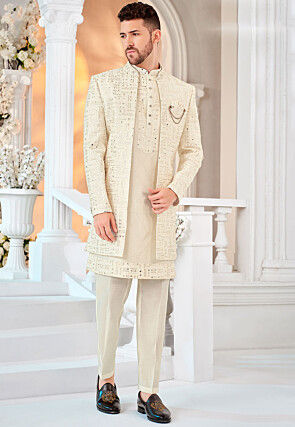 Embroidered Art Silk Kurta Set in Cream