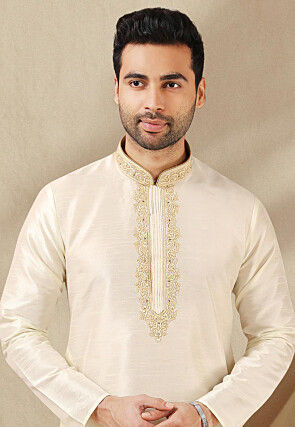 Embroidered Art Silk Kurta in Cream