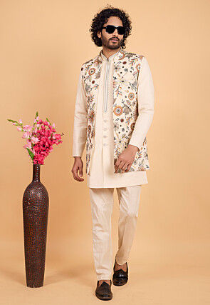 Embroidered Art Silk Kurta Set in Cream