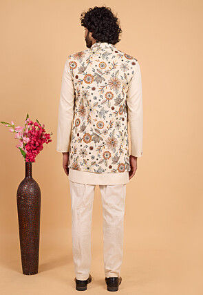 Embroidered Art Silk Kurta Set in Cream