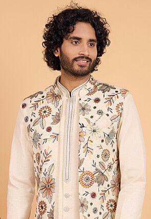 Embroidered Art Silk Kurta Set in Cream