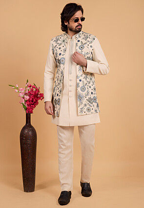 Embroidered Art Silk Kurta Set in Cream