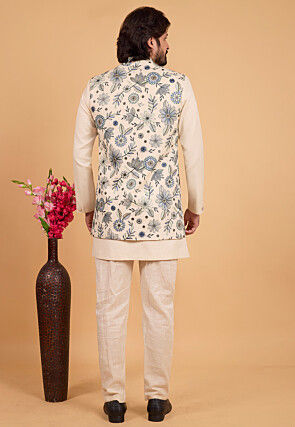 Embroidered Art Silk Kurta Set in Cream