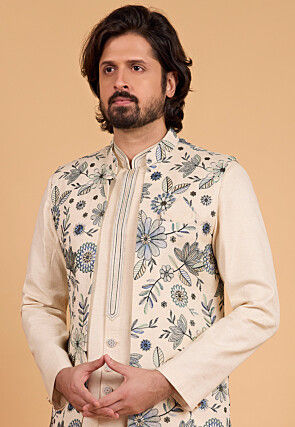 Embroidered Art Silk Kurta Set in Cream