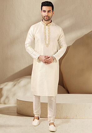 Embroidered Art Silk Kurta Set in Cream