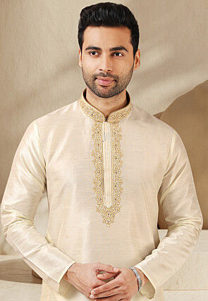 Embroidered Art Silk Kurta Set in Cream