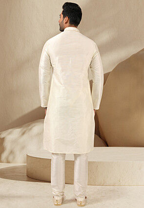 Embroidered Art Silk Kurta Set in Cream