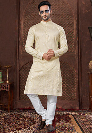 Embroidered Art Silk Kurta Set in Cream
